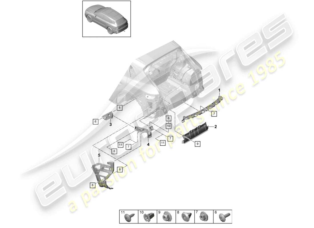 porsche 2022 (cayenne e3 9ya/9yb) befestigungsteile heckstoßstange basic teilediagramm