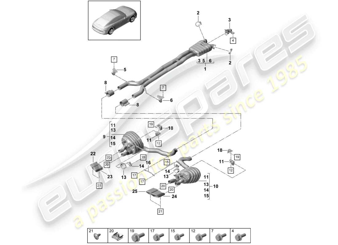 porsche 2021 (panamera 971-1) abgasanlage vorschalldämpfer nachschalldämpfer endrohr teilediagramm