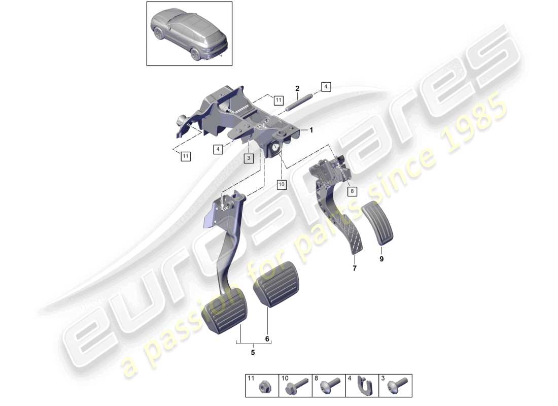 porsche 2022 (cayenne e3 9ya/9yb) brems- und gashebelmechanismus linkslenker teilediagramm
