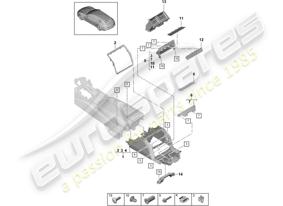 porsche 2021 (panamera 971-1) teilediagramm der hinteren mittelkonsole