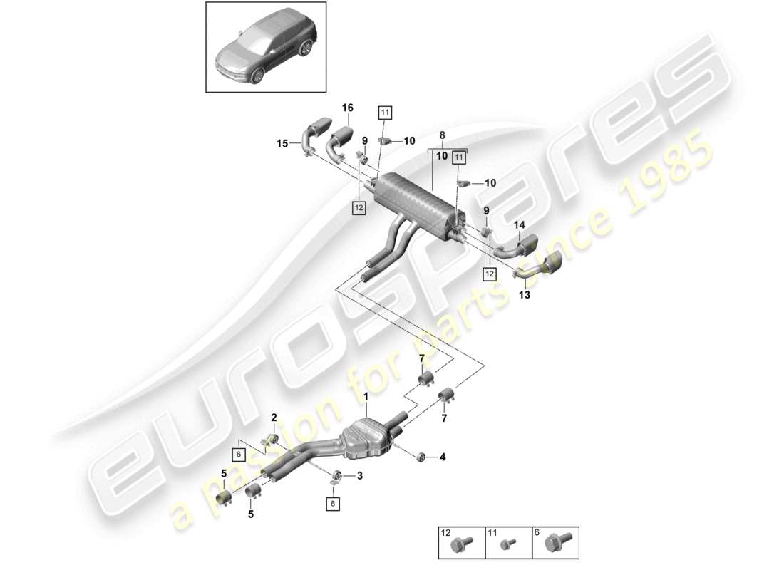 porsche 2024 (cayenne e3 9ya/9yb) abgasanlage vorschalldämpfer nachschalldämpfer endrohr teilediagramm