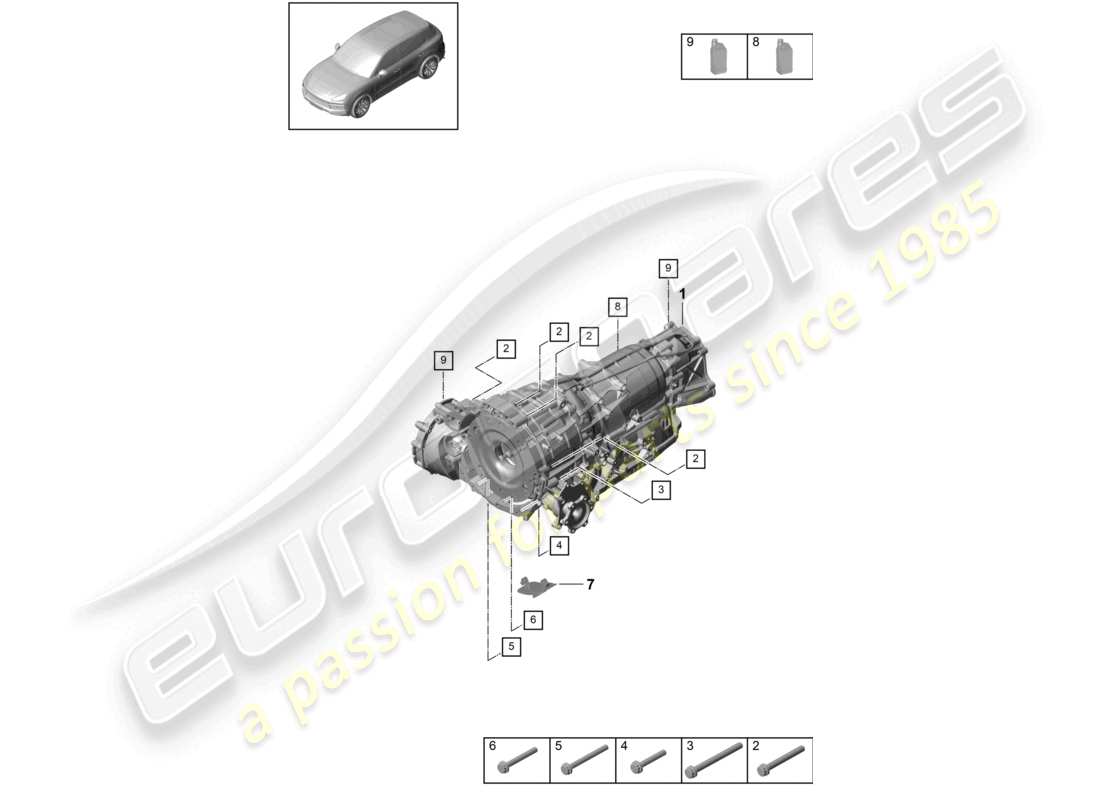 porsche 2024 (cayenne e3 9ya/9yb) 8-speed automatikgetriebe für allradantrieb montageteile für motor und getriebe teilediagramm