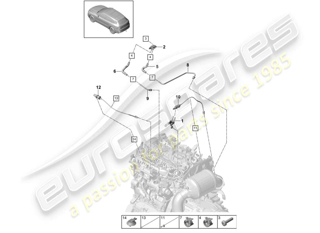 porsche 2022 (cayenne e3 9ya/9yb) steuerleitung mit differenzdruckgeber abgastemperaturgeber teilediagramm