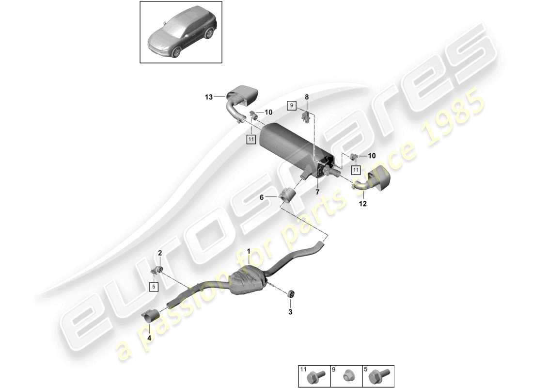 porsche 2022 (cayenne e3 9ya/9yb) abgasanlage vorschalldämpfer nachschalldämpfer endrohr teilediagramm