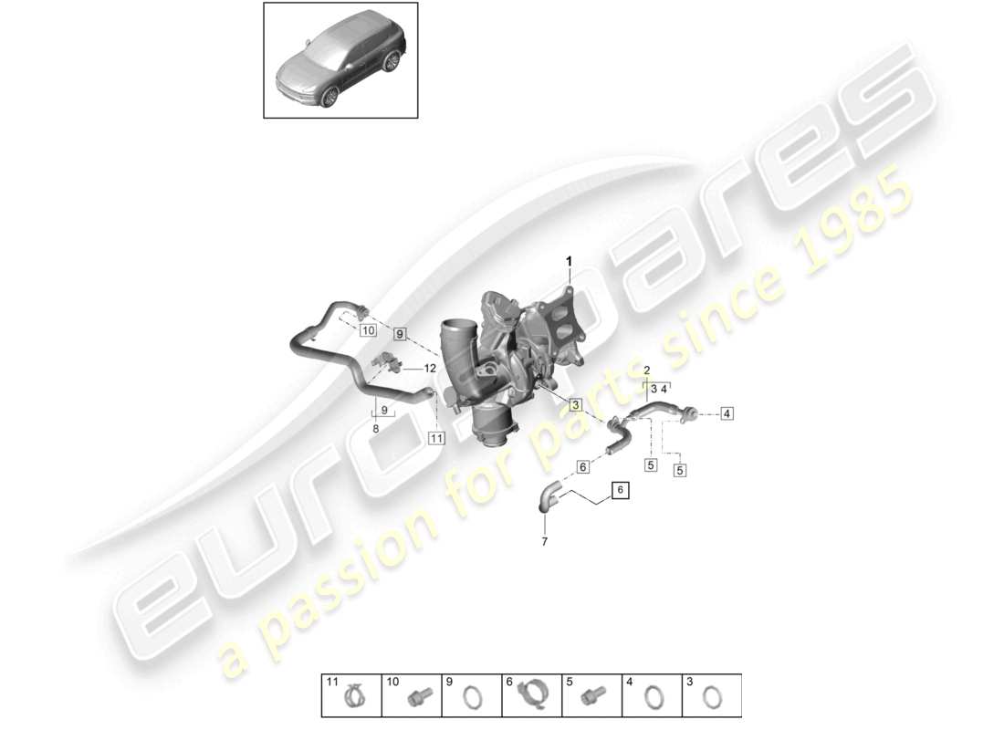 porsche 2024 (cayenne e3 9ya/9yb) kühlmittelkühlsystem für turbolader teilediagramm