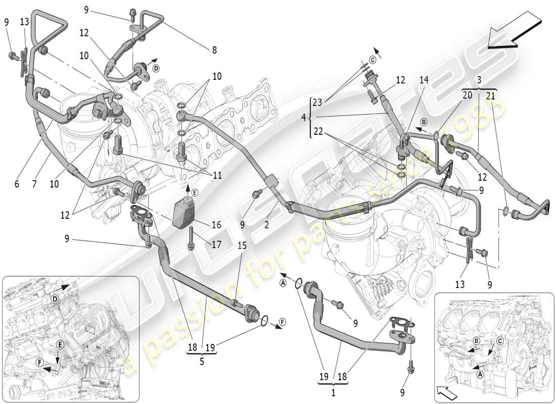 maserati mc20 (2024) turboladersystem: schmierung und kühlung teilediagramm