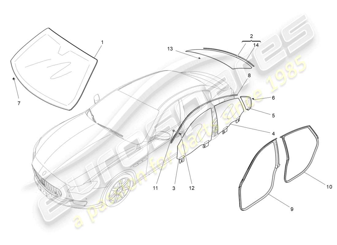 maserati quattroporte (2018) fenster und fensterleisten teilediagramm