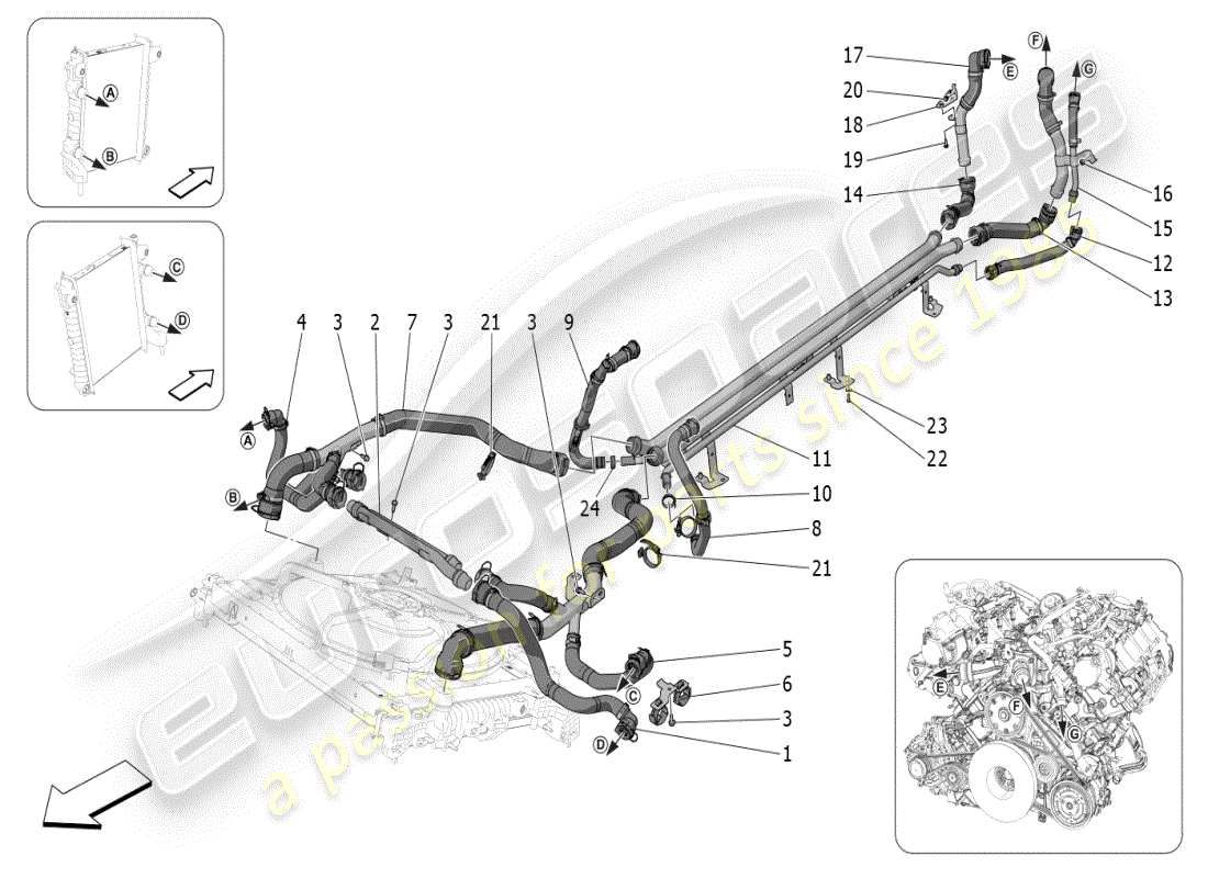 maserati mc20 (2024) kühlsystem: nourice und linien teilediagramm