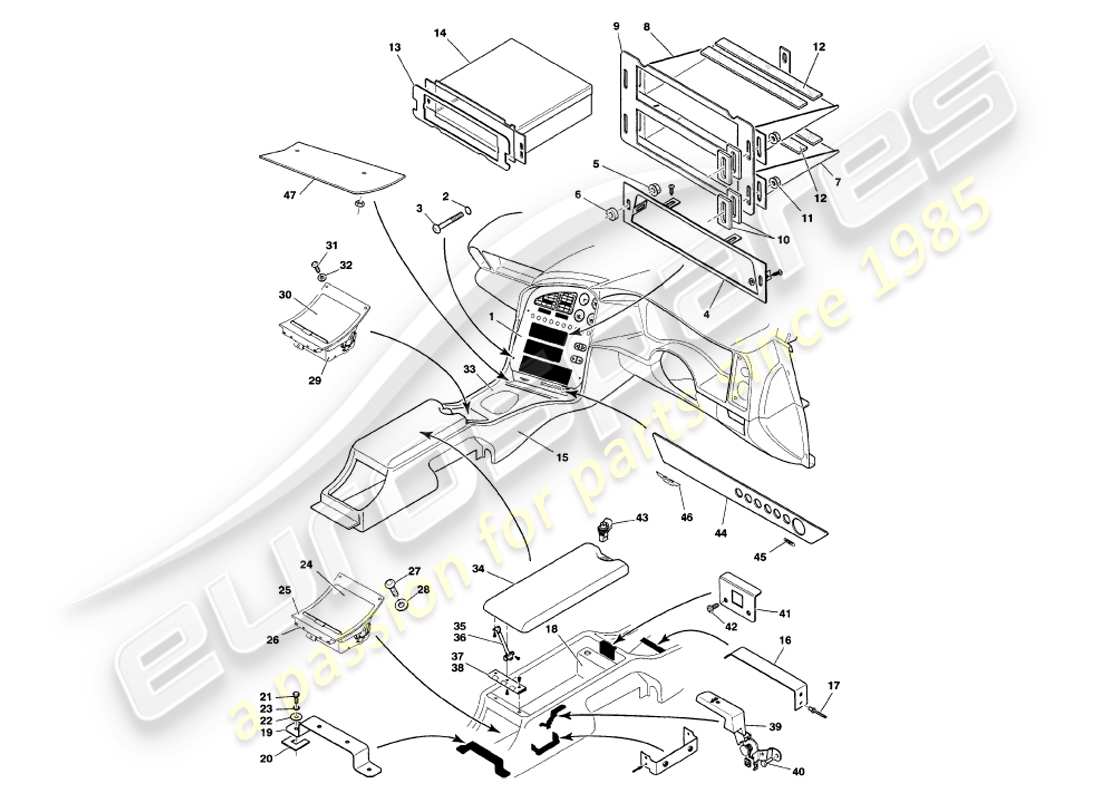 aston martin v8 volante (1999) teilediagramm mittelkonsole und verkleidung