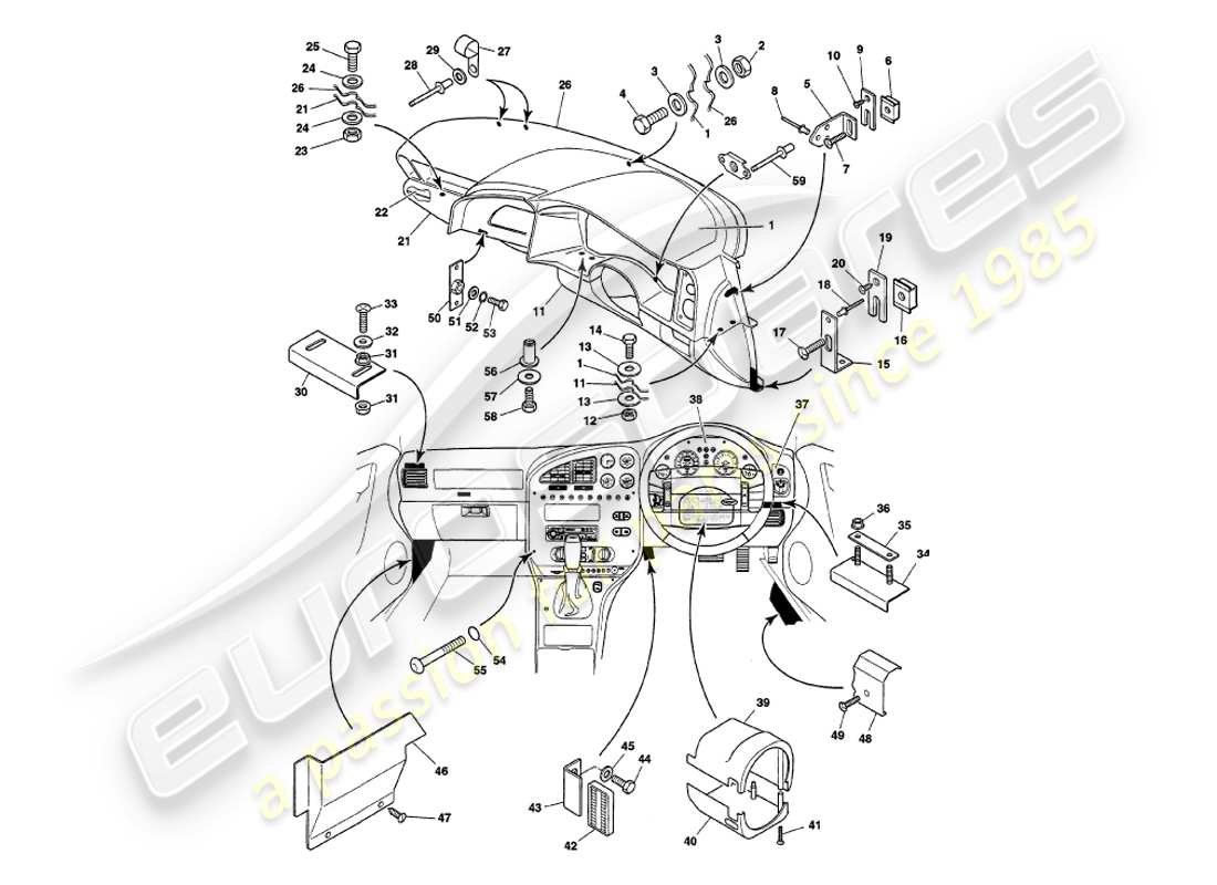 aston martin v8 volante (1997) teilediagramm für blende und verkleidung
