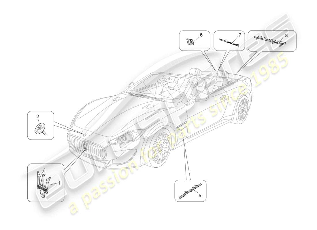 maserati grancabrio mc (2013) verzierungen, marken und symbole teilediagramm