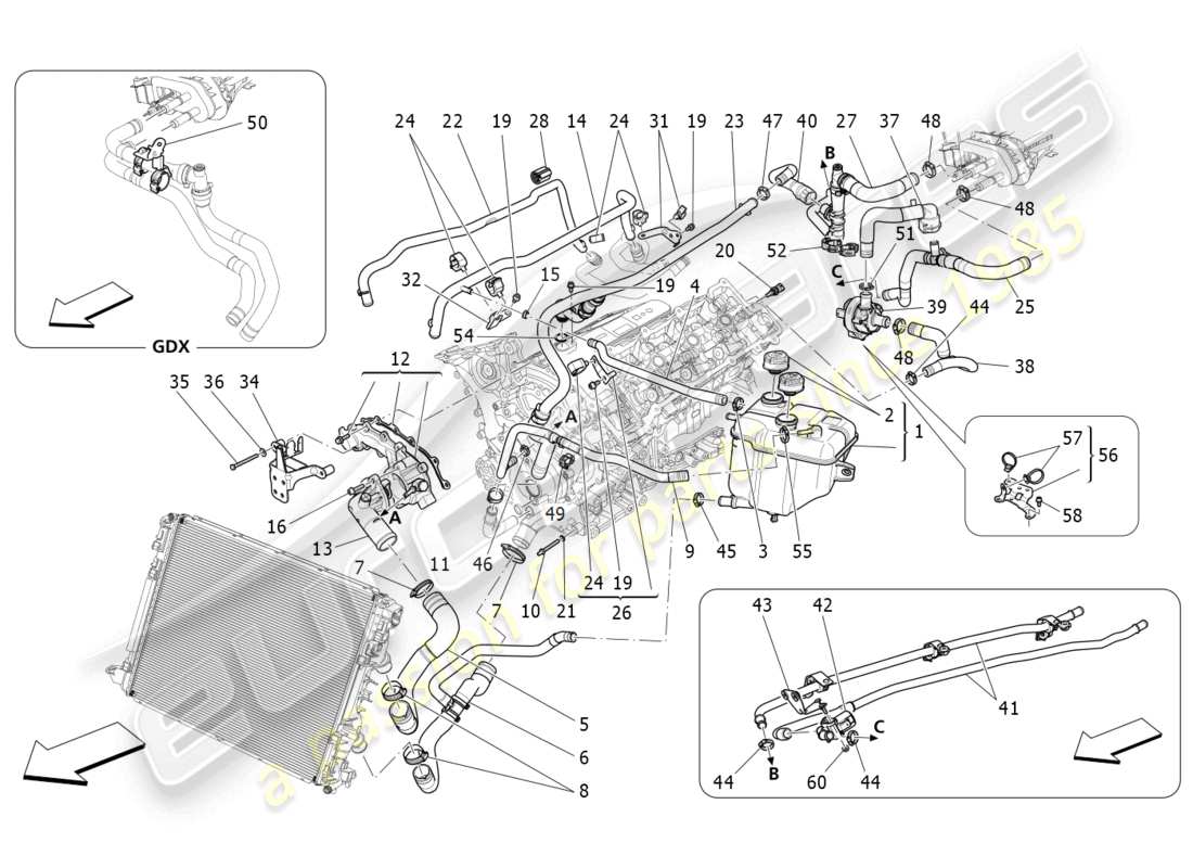 maserati levante (2020) kühlsystem: nähre und leitungen ersatzteildiagramm