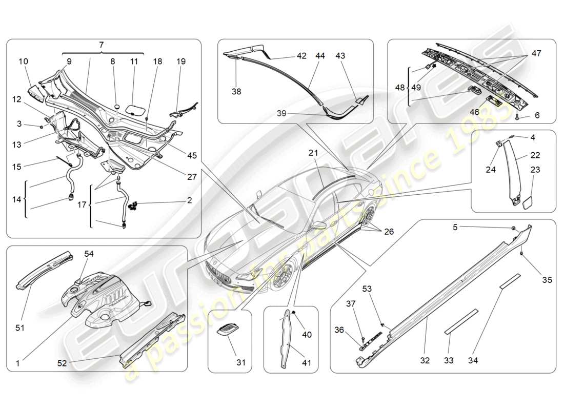 maserati quattroporte (2018) schilde, verkleidungen und abdeckplatten ersatzteildiagramm