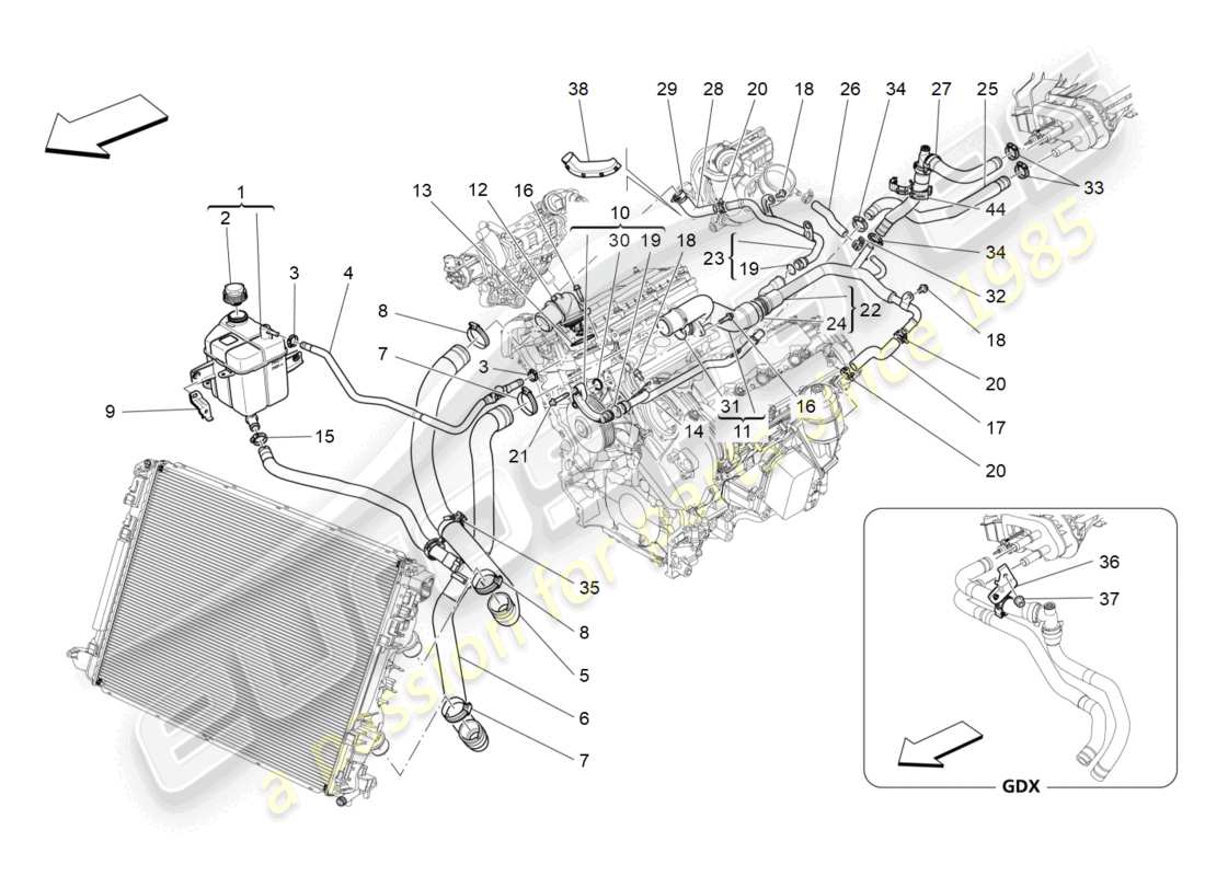 maserati levante (2019) kühlsystem: nähre und leitungen ersatzteildiagramm