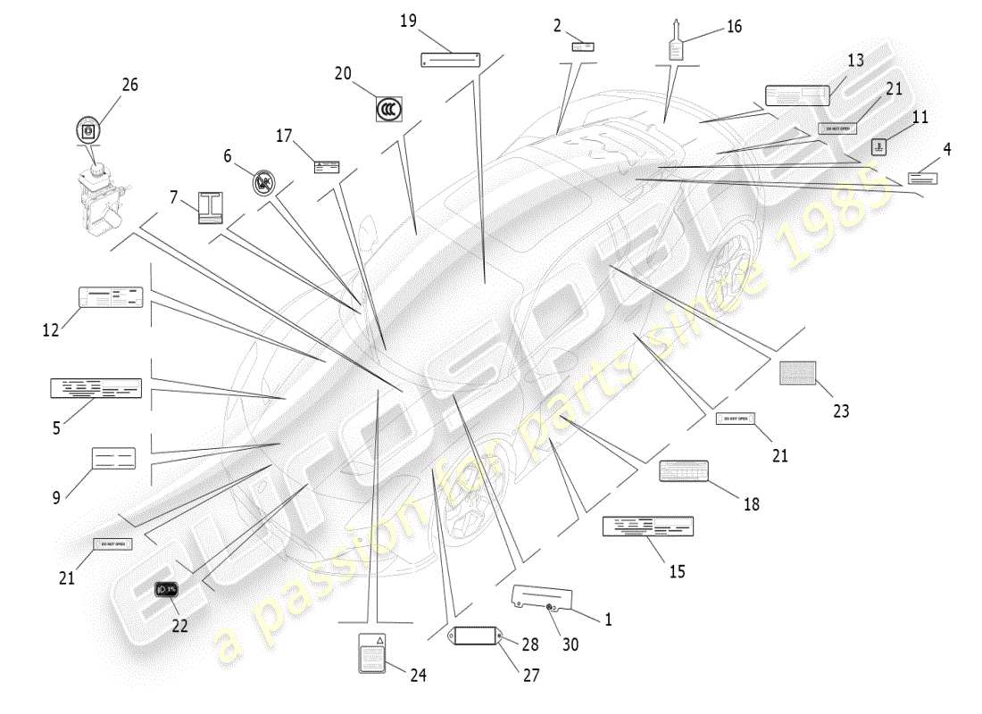 maserati mc20 (2024) aufkleber und etiketten teilediagramm