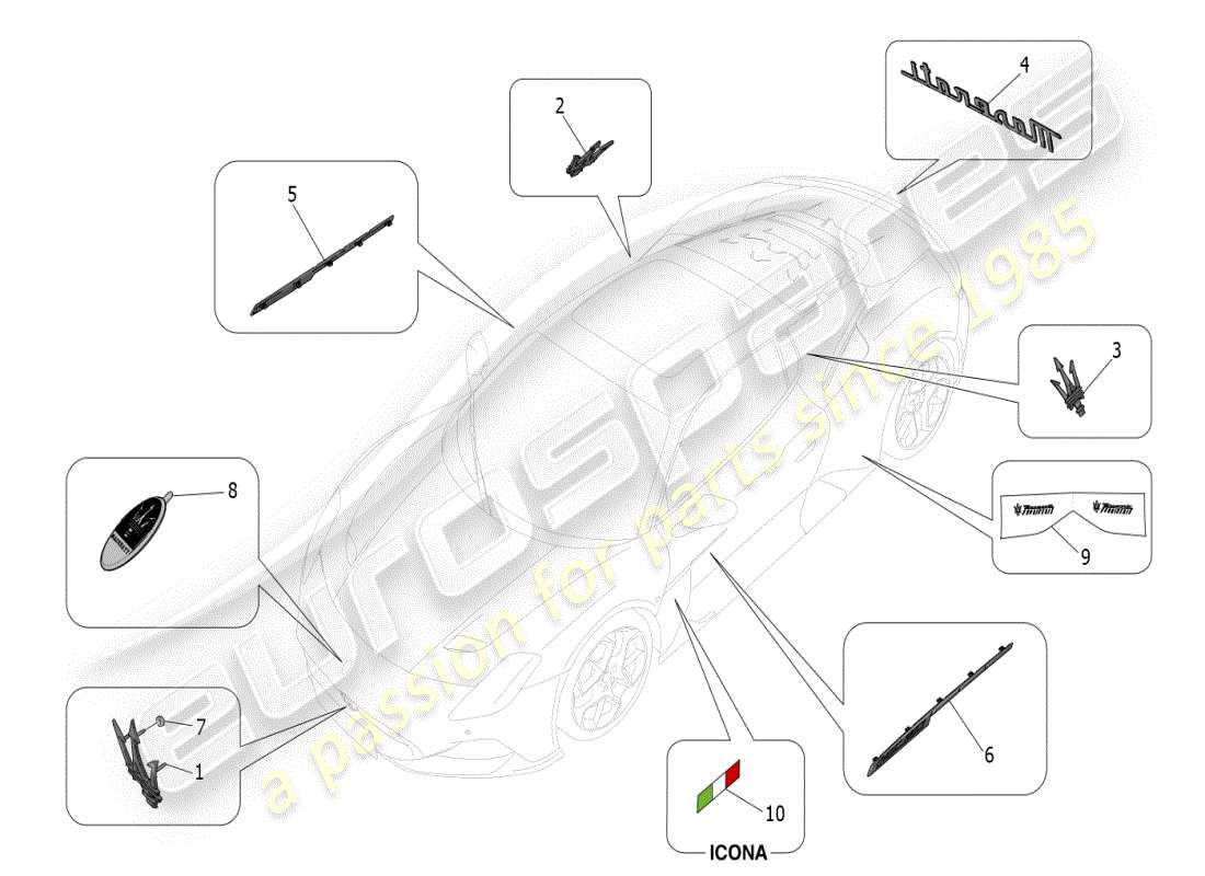 maserati mc20 (2024) verzierungen, marken und symbole teilediagramm