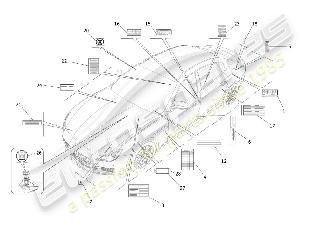 maserati quattroporte (2018) aufkleber und etiketten ersatzteildiagramm