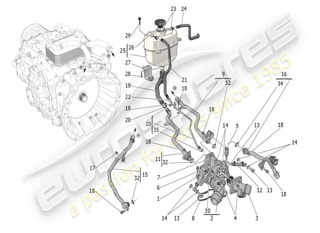 maserati mc20 (2024) kühlsystem: nourice und linien teilediagramm