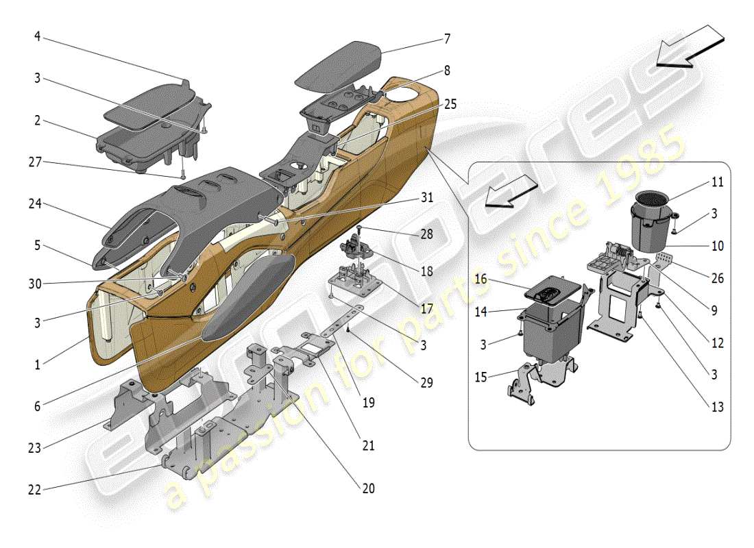 maserati mc20 (2024) zubehörkonsole und mittelkonsole teilediagramm