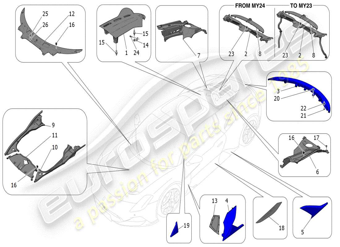 maserati mc20 (2024) schilde, verkleidungen und abdeckplatten teilediagramm
