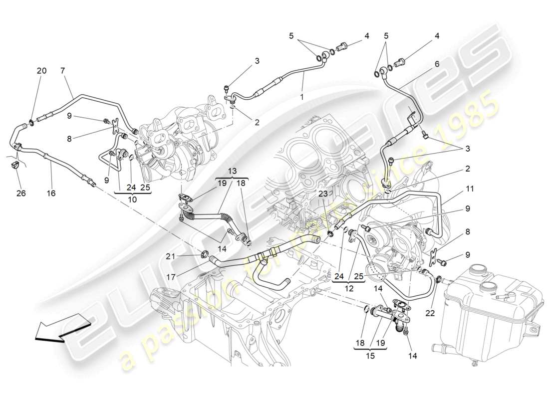 maserati levante (2019) turboladersystem: schmierung und kühlung teilediagramm