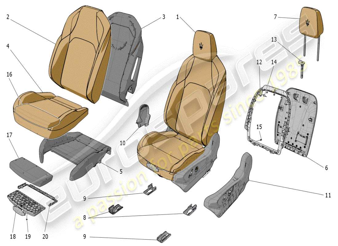 maserati grecale modena (2023) vordersitze: verkleidungen ersatzteildiagramm