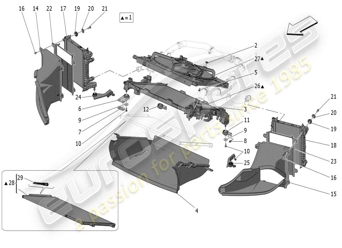 maserati mc20 (2024) kühlung: luftkühler und kanäle teilediagramm
