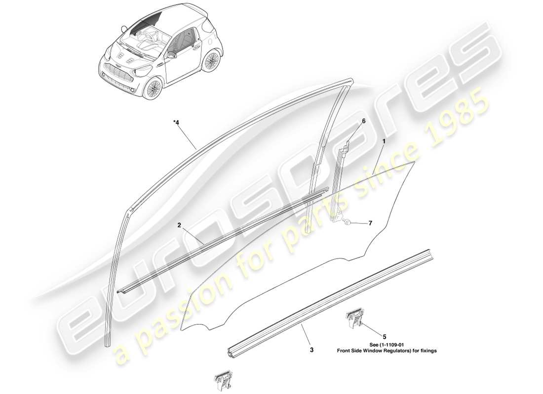 aston martin cygnet (2012) teilediagramm für vordertürglas