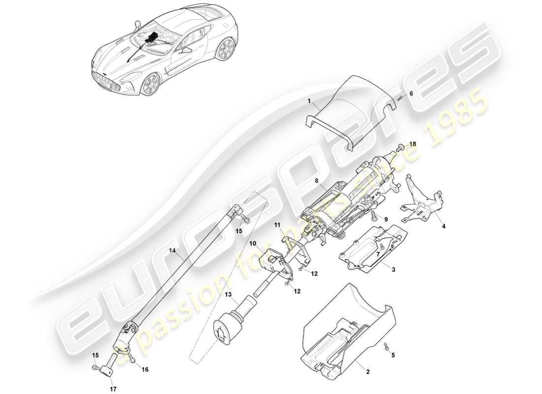 aston martin one-77 (2011) teilediagramm der lenksäulenbaugruppe