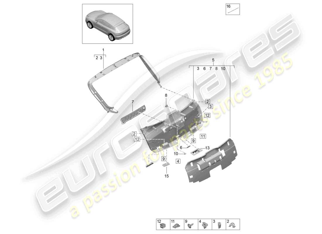 porsche 2023 (macan) teilediagramm der inneren heckklappenverkleidung