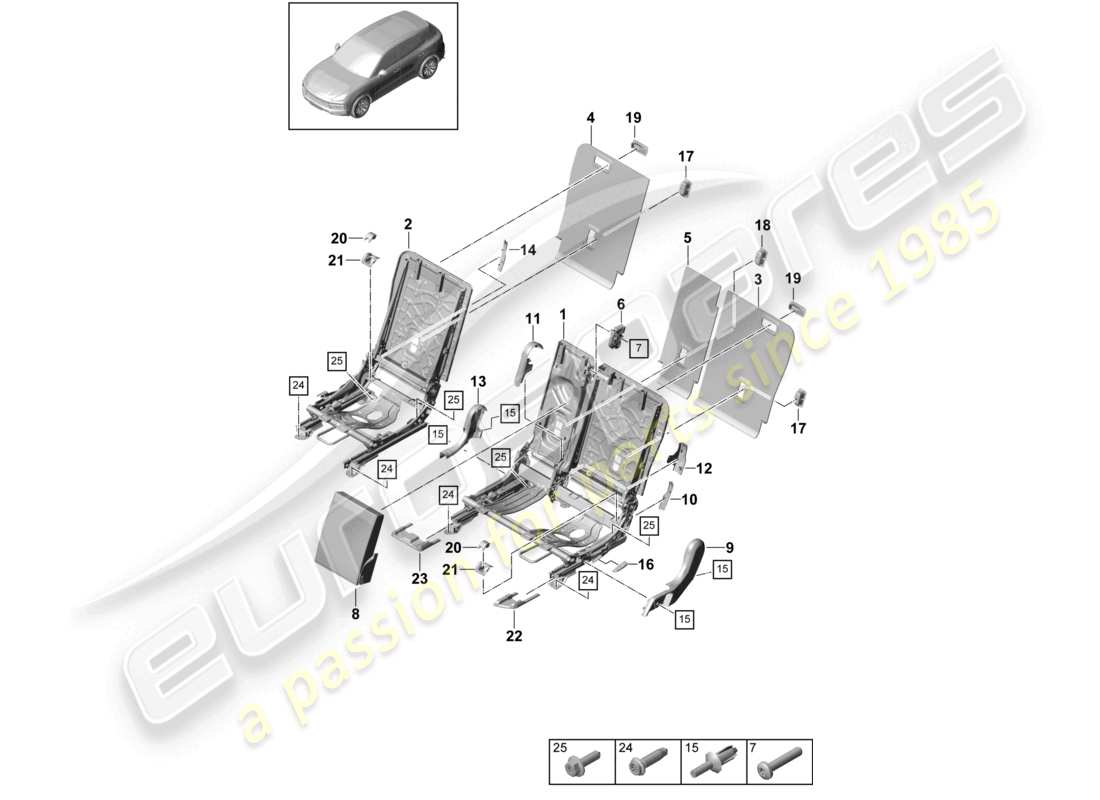 porsche 2024 (cayenne e3 9ya/9yb) rücksitzlehne verkleidung zubehör sportsitz teilediagramm