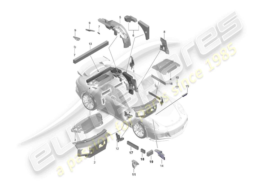 porsche 2021 (991-2 r/gt3/rs) teilediagramm für karosserieschalldämpfer