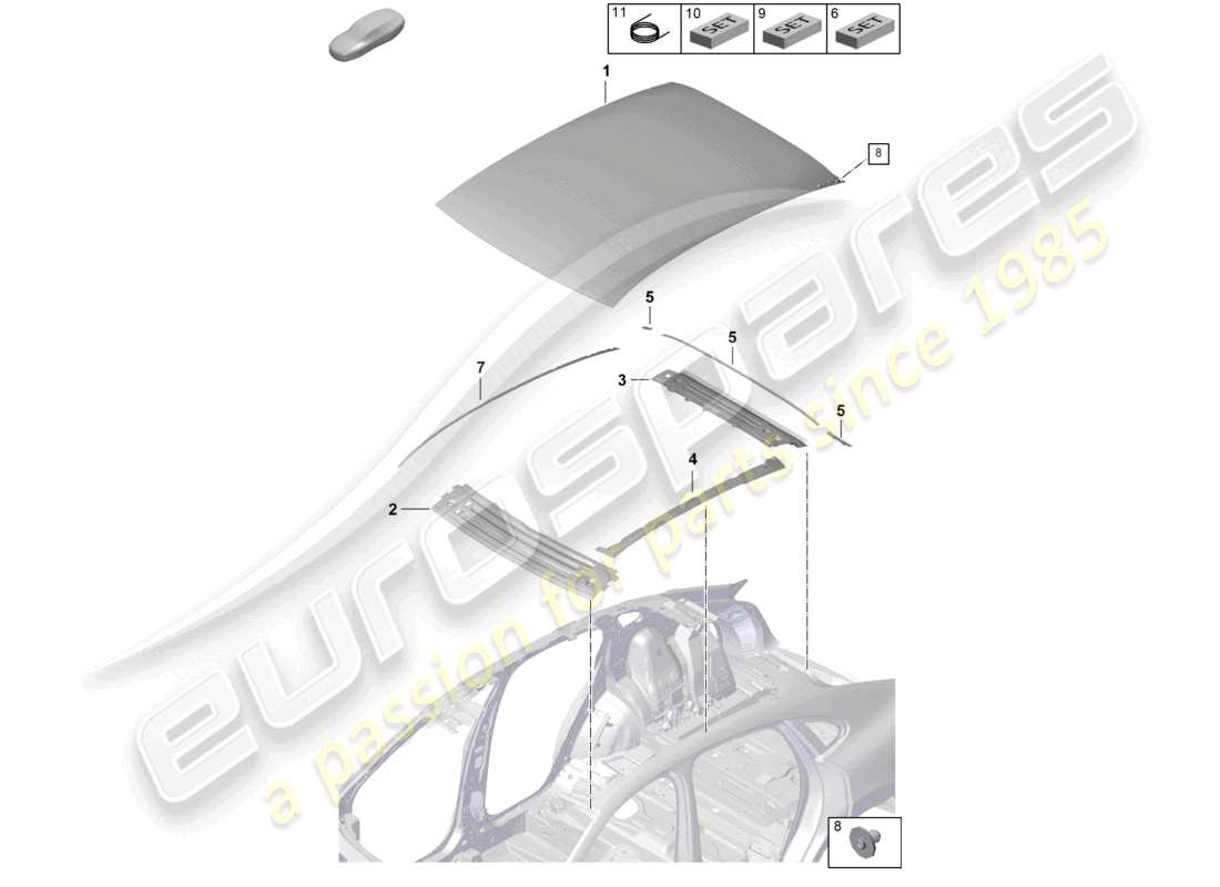 porsche 2025 (cayenne e3 pa) äußeres dachpaneel carbon querträger coupé teilediagramm