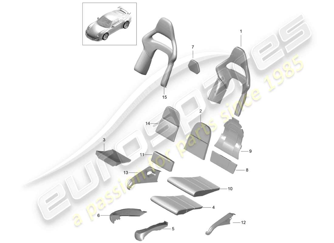 porsche 2021 (991-2 r/gt3/rs) schaumstoffteil rückenlehnenbezüge sitzbezüge sitz- und rückenfläche schalensitz klappteil diagramm