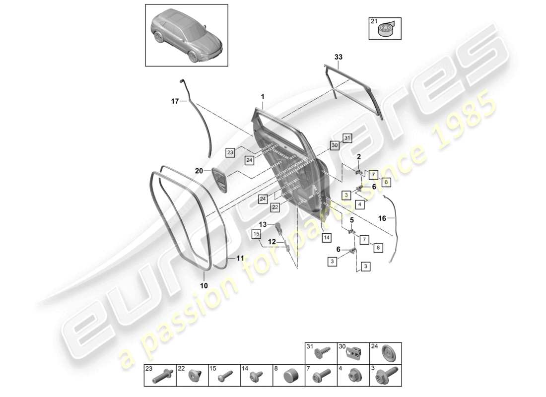 porsche 2021 (cayenne e3 9ya/9yb) türschalendichtungen hinten teilediagramm