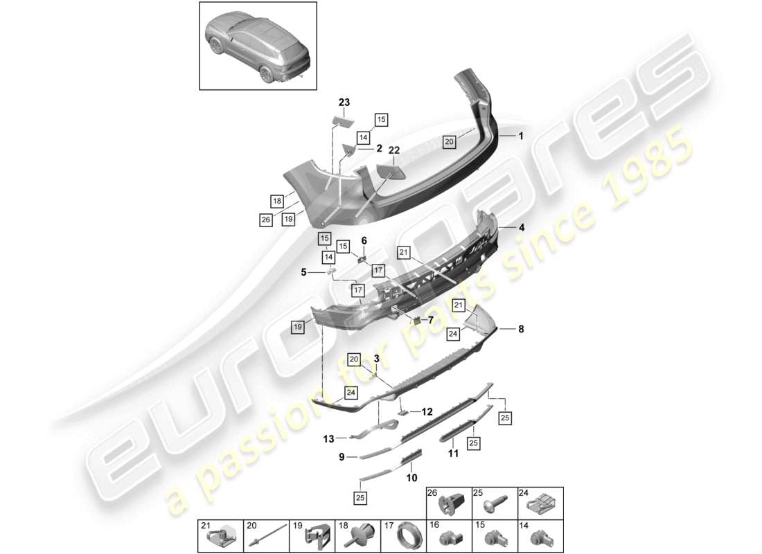 porsche 2021 (cayenne e3 9ya/9yb) stoßstange hinten turbo teilediagramm