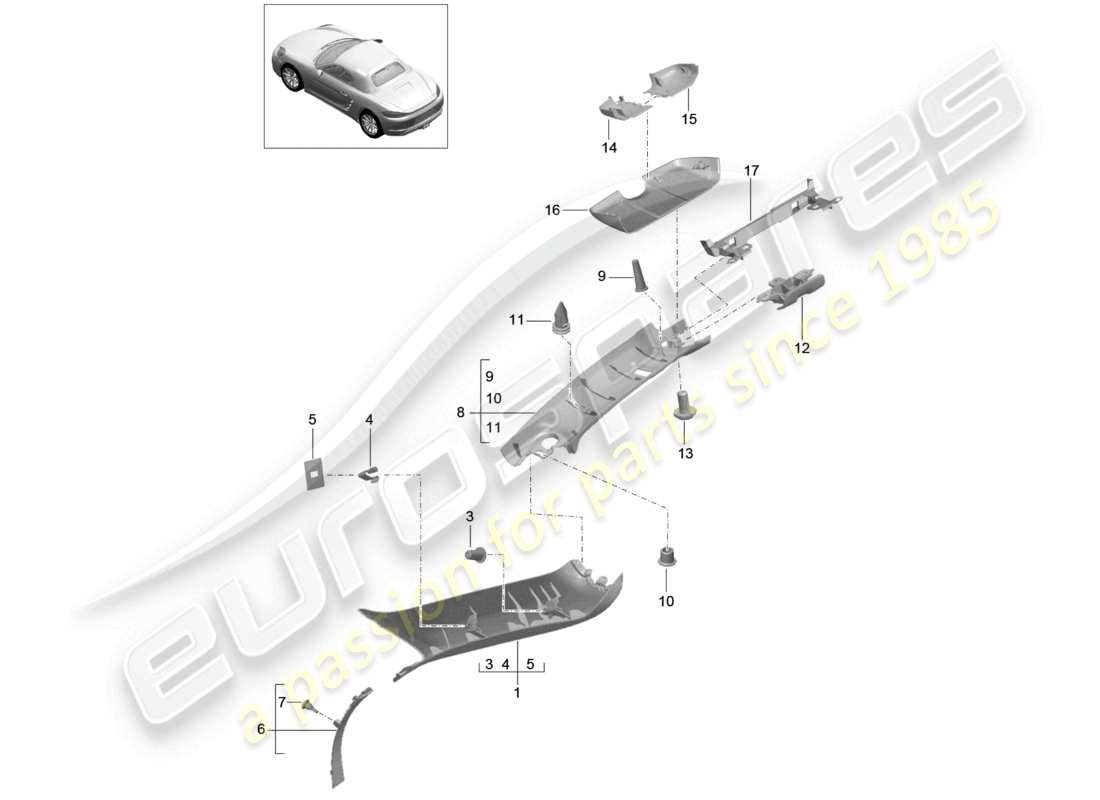 porsche 2021 (718 boxster) teilediagramm des windschutzscheibenrahmens der a-säule