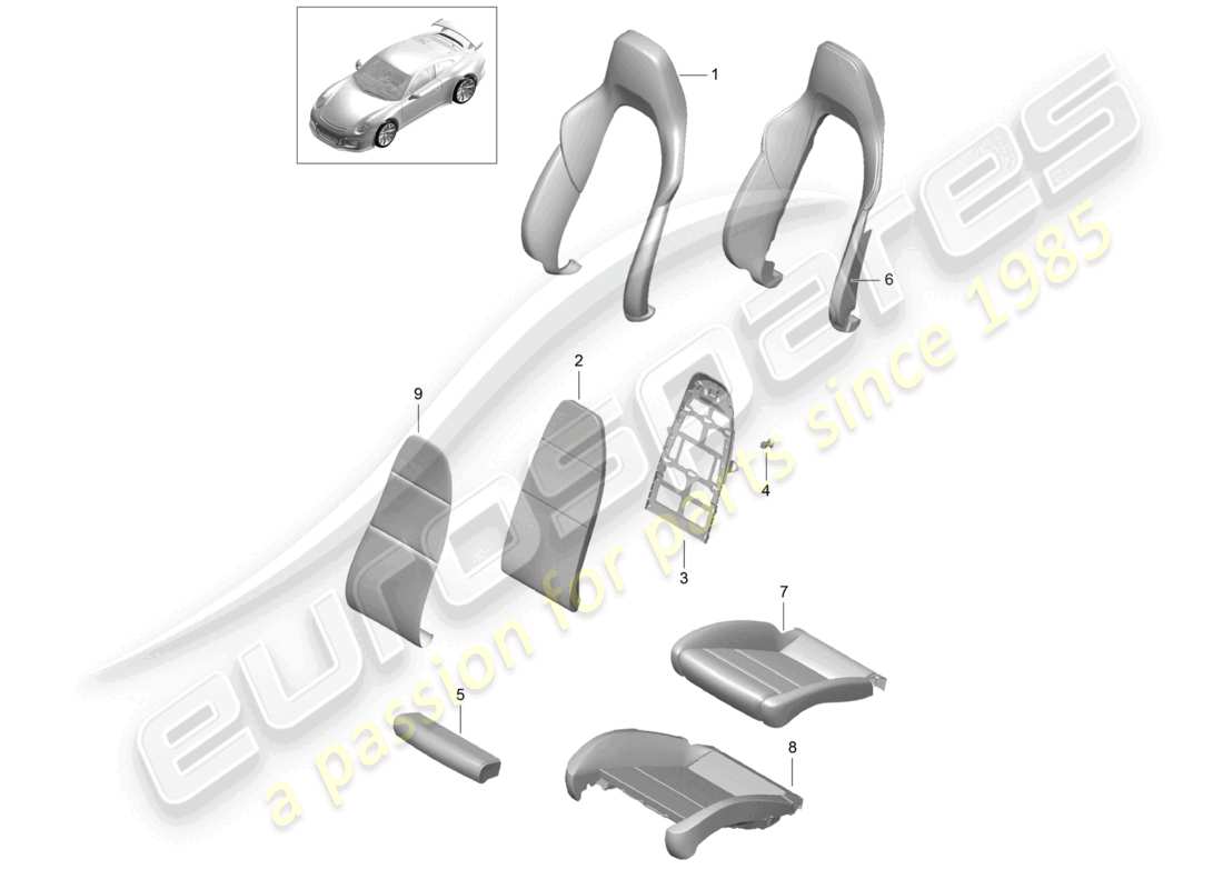 porsche 2021 (991-2 r/gt3/rs) schaumstoffteil rückenlehnenbezüge sitzbezüge sportsitz plus teilediagramm