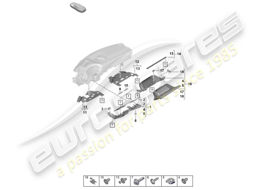 porsche 2024 (panamera 976) armaturenbrett-befestigungsteile unten teilediagramm