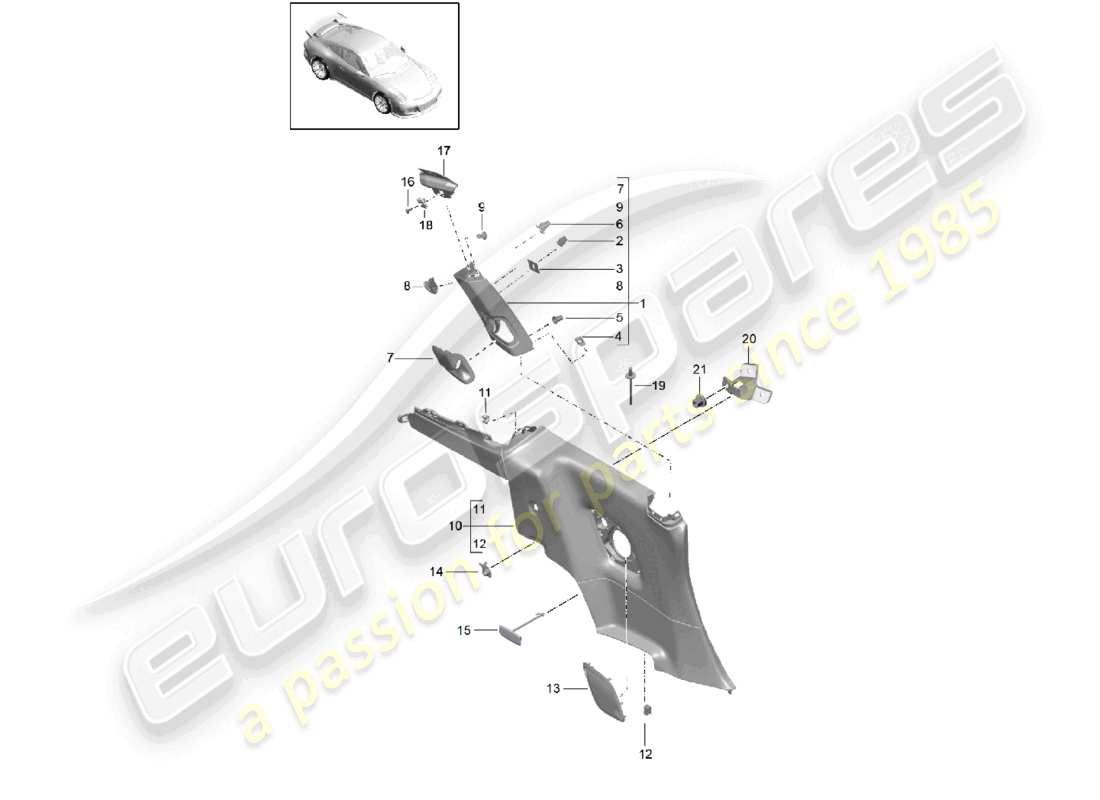porsche 2021 (991-2 r/gt3/rs) seitenverkleidung b-säule d - mj 2018>> ersatzteildiagramm