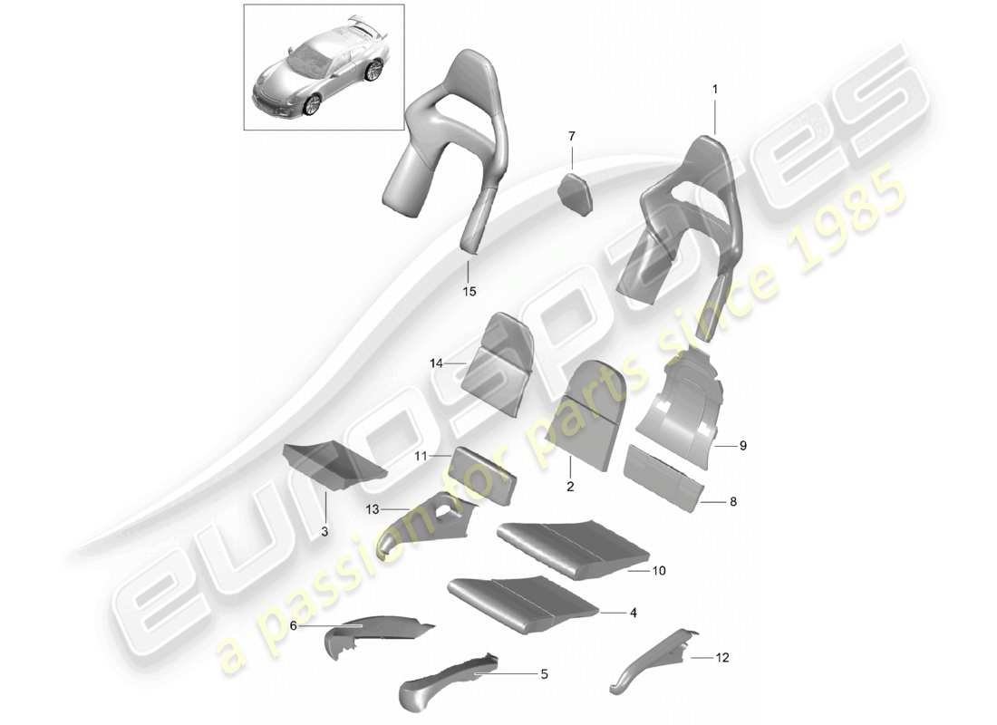 porsche 2021 (991-2 r/gt3/rs) schaumstoffteil rückenlehnenbezüge sitzbezüge schalensitz klappteil diagramm