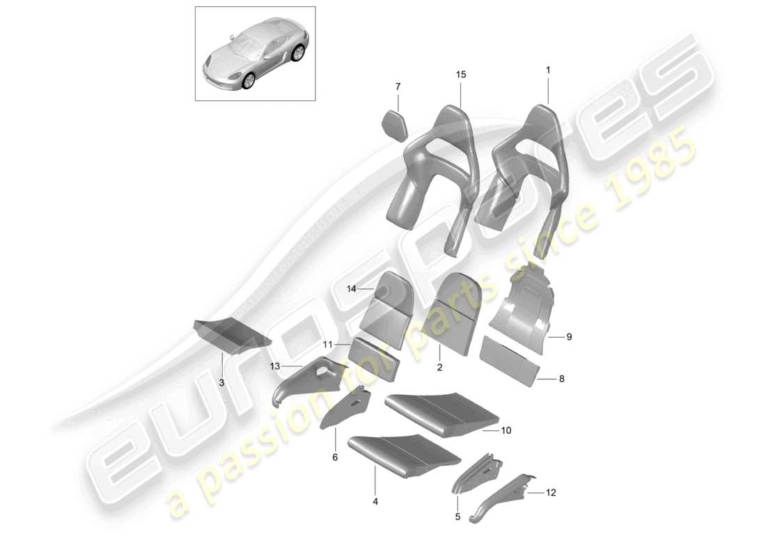 porsche 2021 (718 cayman) schaumstoffteil klappbare rückenlehnenbezüge sitzbezüge sitz- und rückenfläche schalensitz teilediagramm