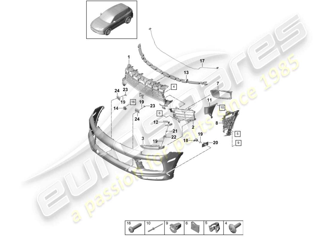 porsche 2021 (cayenne e3 9ya/9yb) stoßfänger einzelteile und befestigungsteile teilediagramm