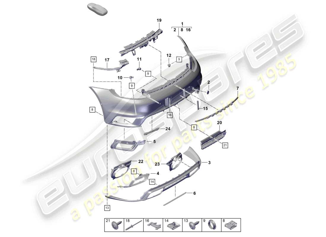 porsche 2022 (992-1 turbo / s) stoßfänger hinten mit: basiszubehör ece-ersatzteildiagramm