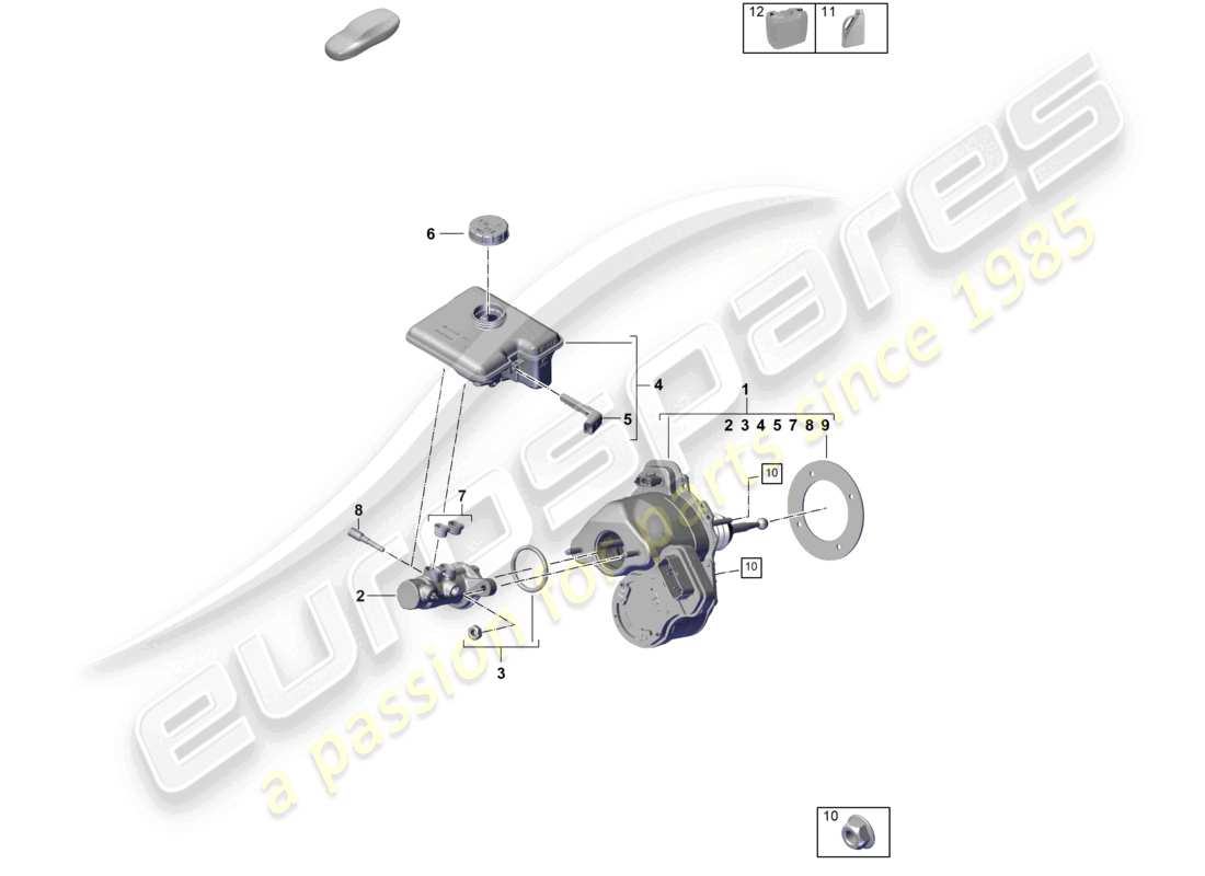 porsche 2025 (cayenne e3 pa) bremskraftverstärkerbehälter mit anbauteilen tandem-hauptbremszylinder teilediagramm