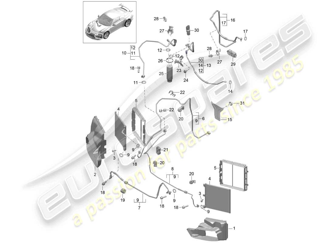 porsche 2021 (991-2 r/gt3/rs) kältemittelkreislauf vorne d - mj 2018>> ersatzteildiagramm