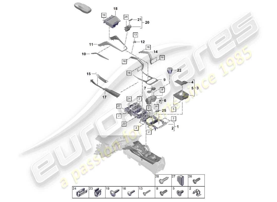 porsche 2025 (cayenne e3 pa) teilediagramm der oberen mittelkonsole