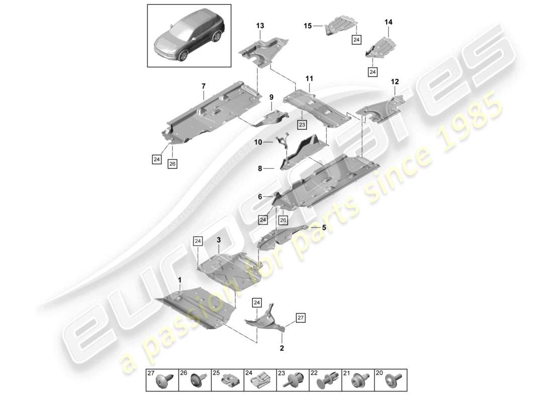 porsche 2024 (cayenne e3 9ya/9yb) verkleidung unterbodenverkleidung teilediagramm
