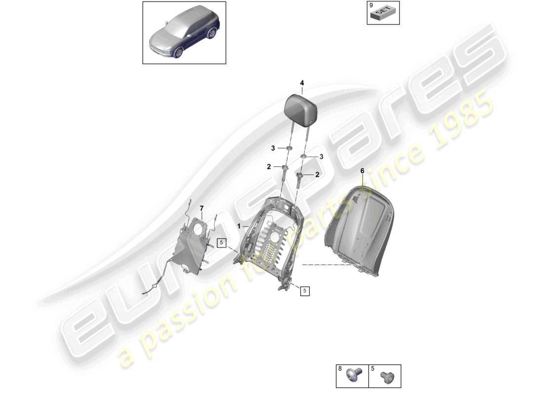 porsche 2023 (cayenne e3 9ya/9yb) rückenlehnenrahmen rückenlehnenschale komfortsitz teilediagramm