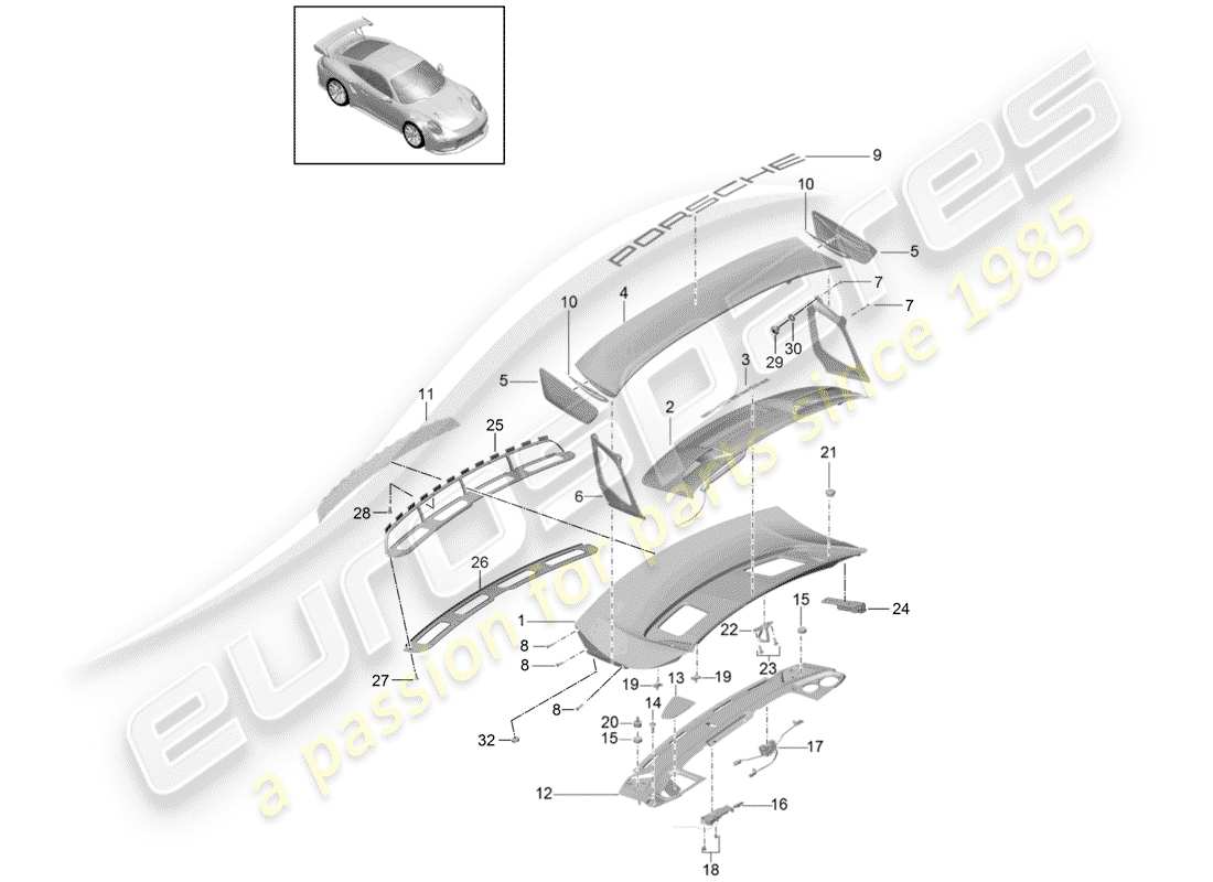 porsche 2018 (991-2 turbo) hinterer kofferraumdeckel - teilediagramm